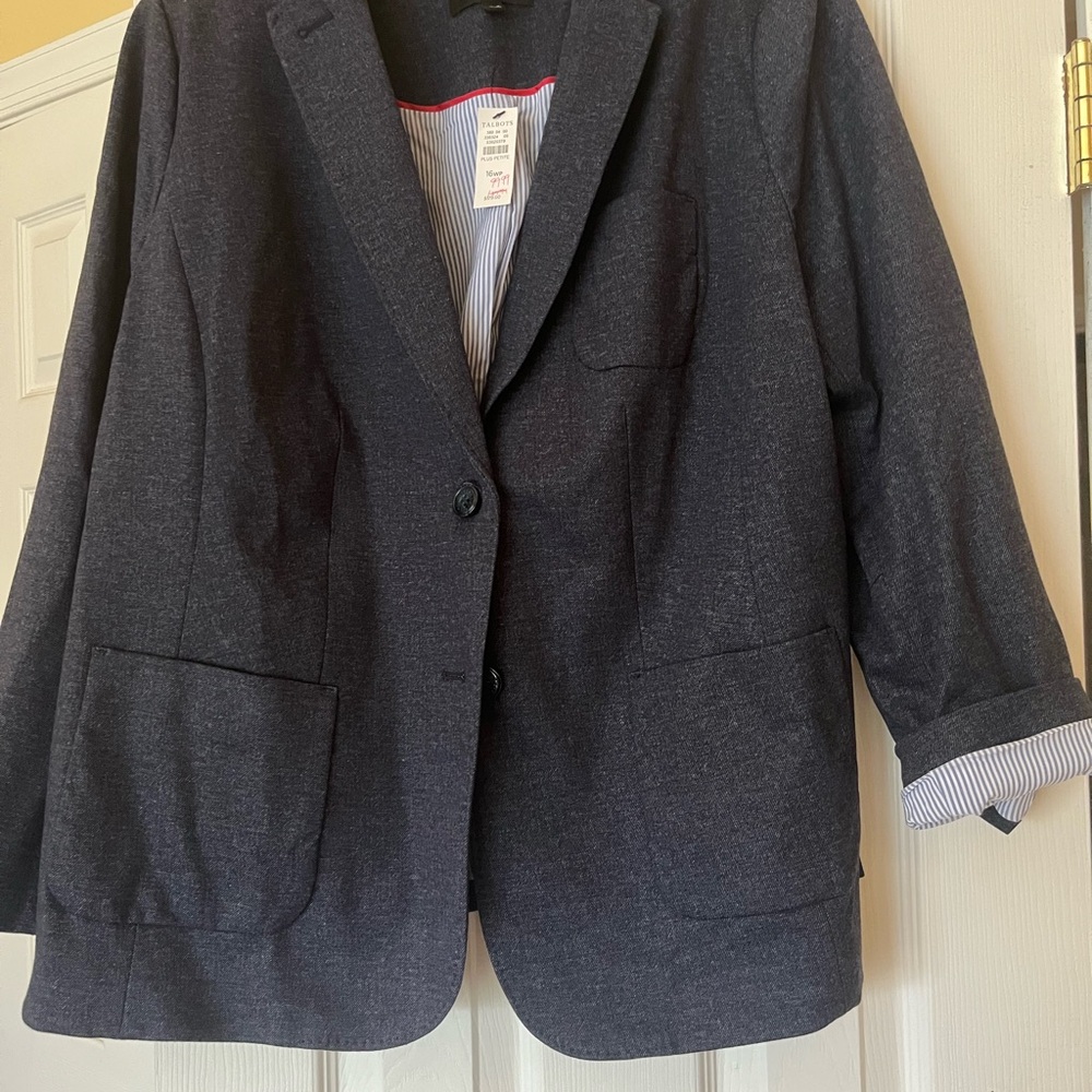 Talbots NWT Aberdeen blazer navy chambray fully lined w red pinstripe very sharp - Picture 2 of 5